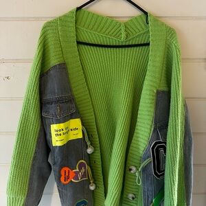 Pastels Clothing Lime Green Knit Cardigan with Embellished Denim Sleeve